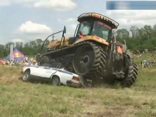 tractor crushes traffic police car